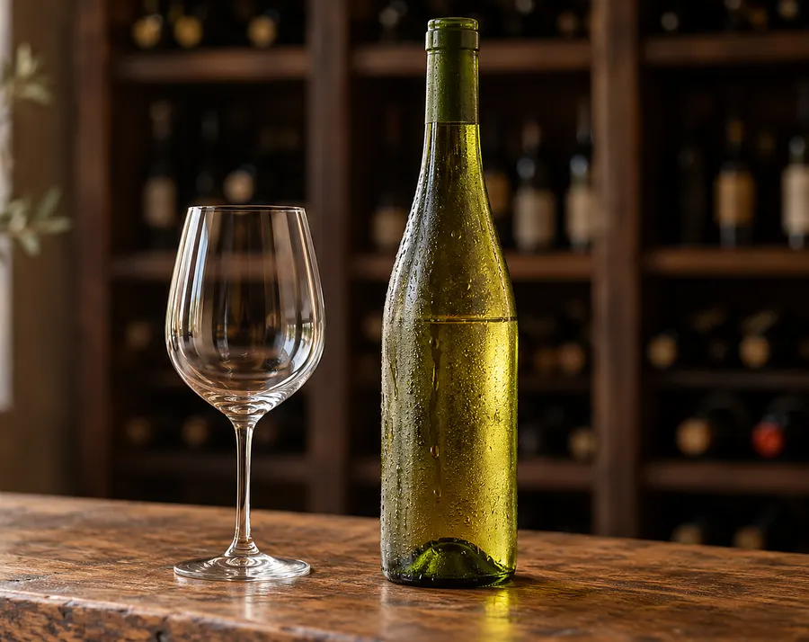 Beschlagene Flasche Weißwein mit Wassertropfen neben einem leeren Weinglas (Illustration)