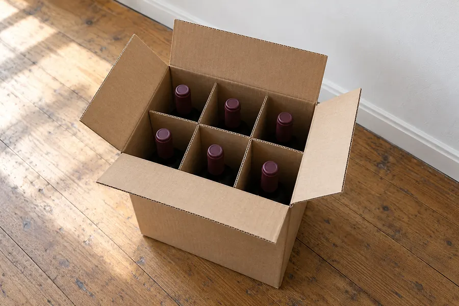 Offener Weinkarton mit sechs Flaschen in Fächern auf einem Holzboden (Illustration)