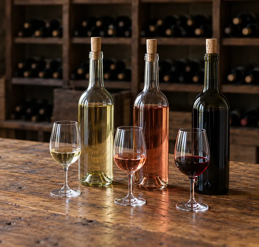 Drei geöffnete Flaschen Weißwein, Rosé und Rotwein mit halb eingesteckten Korken, davor drei kleine Gläser (Illustration)