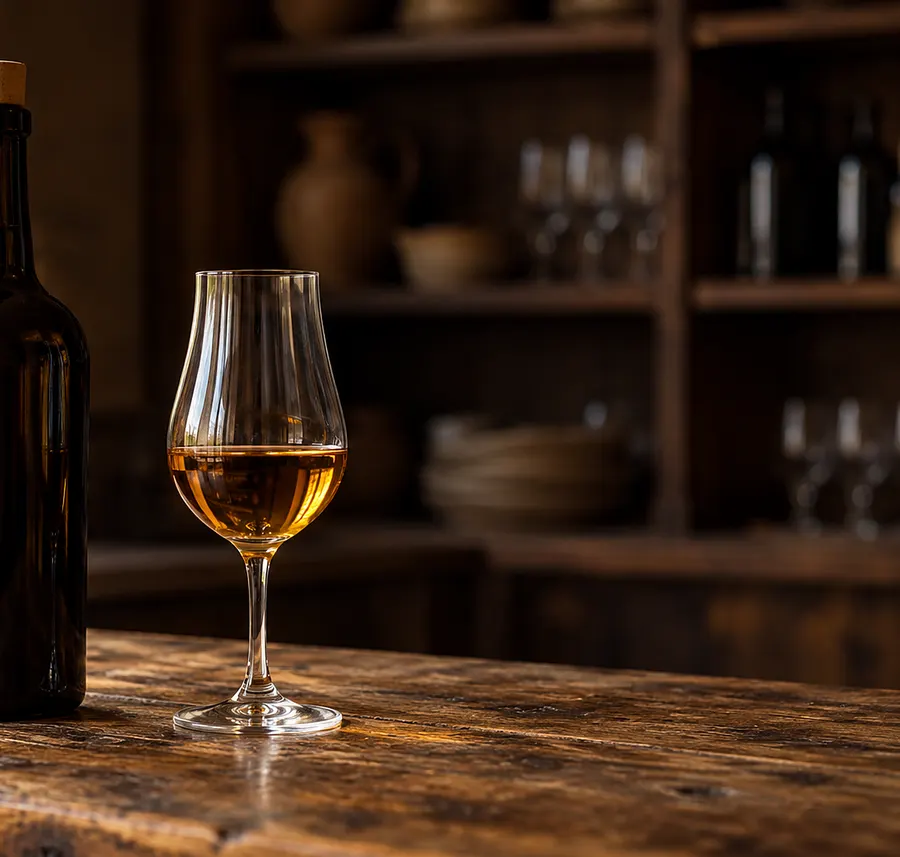 Ein Sherryglas mit Sherry neben einer dunklen Flasche mit Korken (Illustration)
